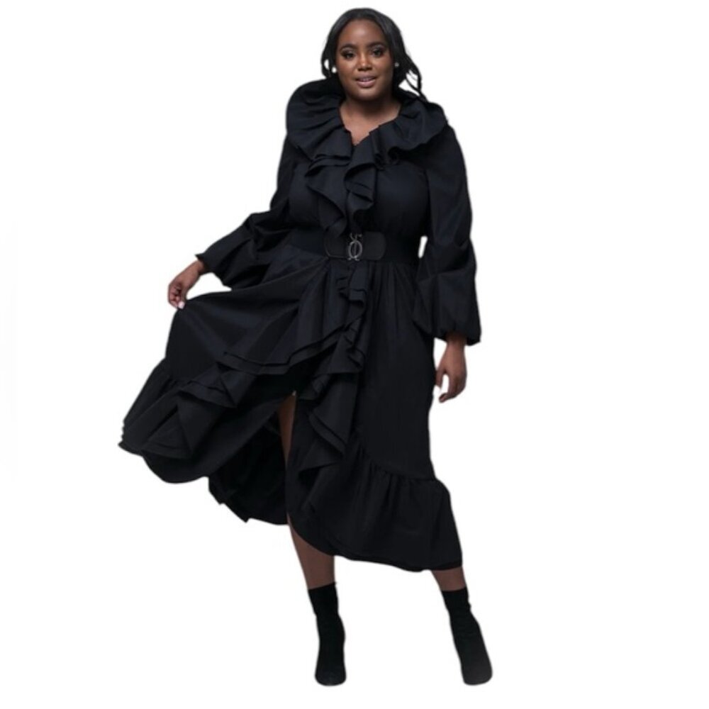 Samuel Dong Coat Dress Ruffle Collar Ruched Sleeves Shimmer Stretch Taffeta 3X
